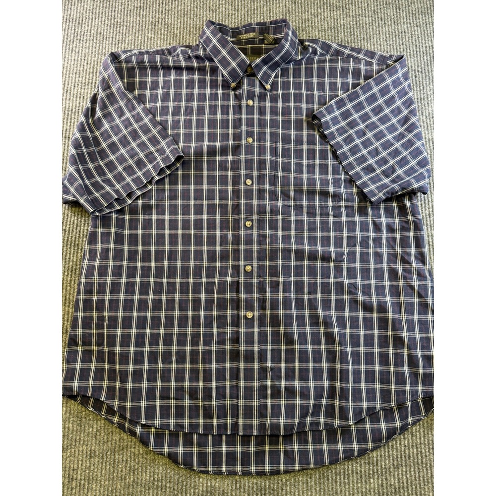 VAN HEUSEN BUTTON DOWN SHIRT XXL NAVY BLUE POLYESTER COTTON PLAID SHORT SLEEVE